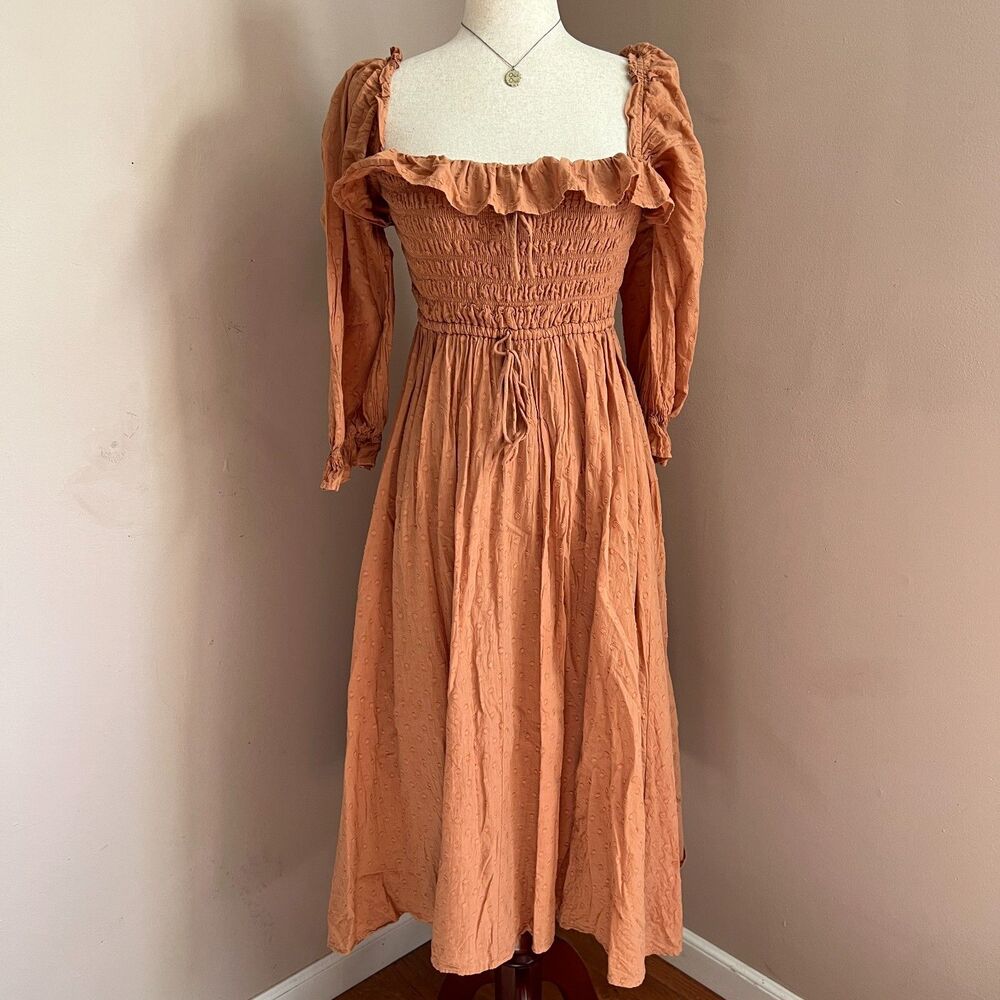 R.YIPOSHA‎ Brown Swiss Dot Smocked Midi Dress Puff Sleeve Cottagecore Prairie M